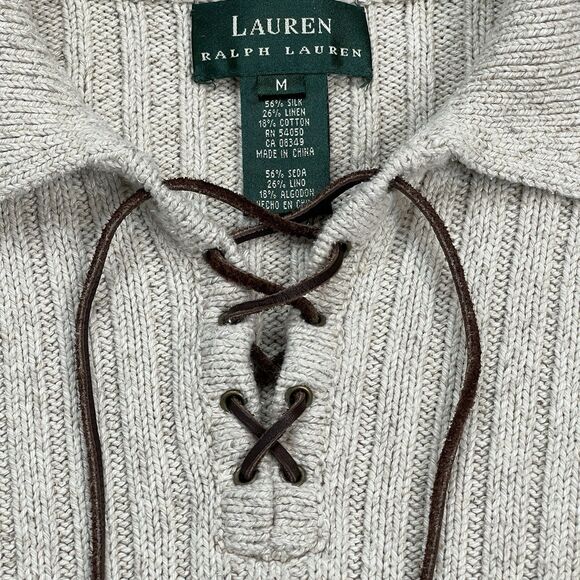 Lauren Ralph Lauren Sweater Womans M Fisherman Silk Linen Cotton Leather Tie - Picture 4 of 8
